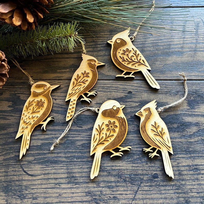 Songbirds Scandinavian Folk Art Style Wooden Ornaments Cardinal