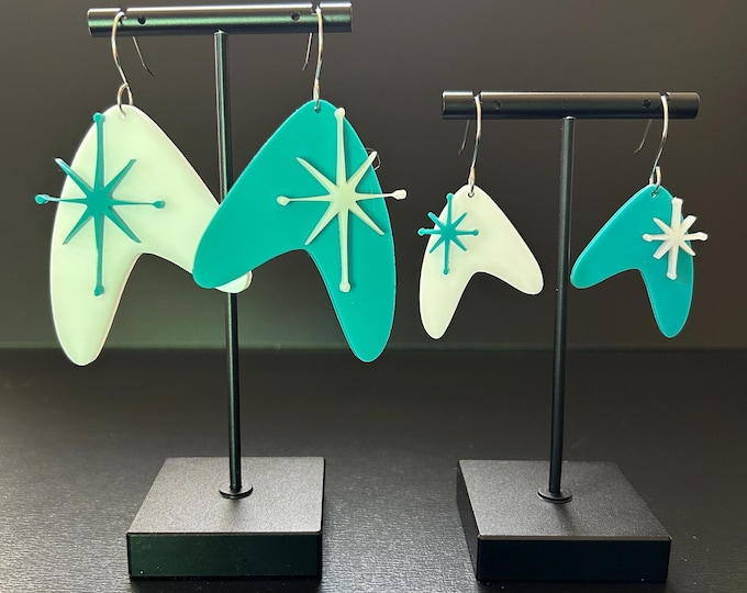 Teal and White Acrylic Mid Century Modern Style Boomerang and Starburst Earrings- Rockabilly Pin Up Jewelry- Hypoallergenic- 2 Sizes
