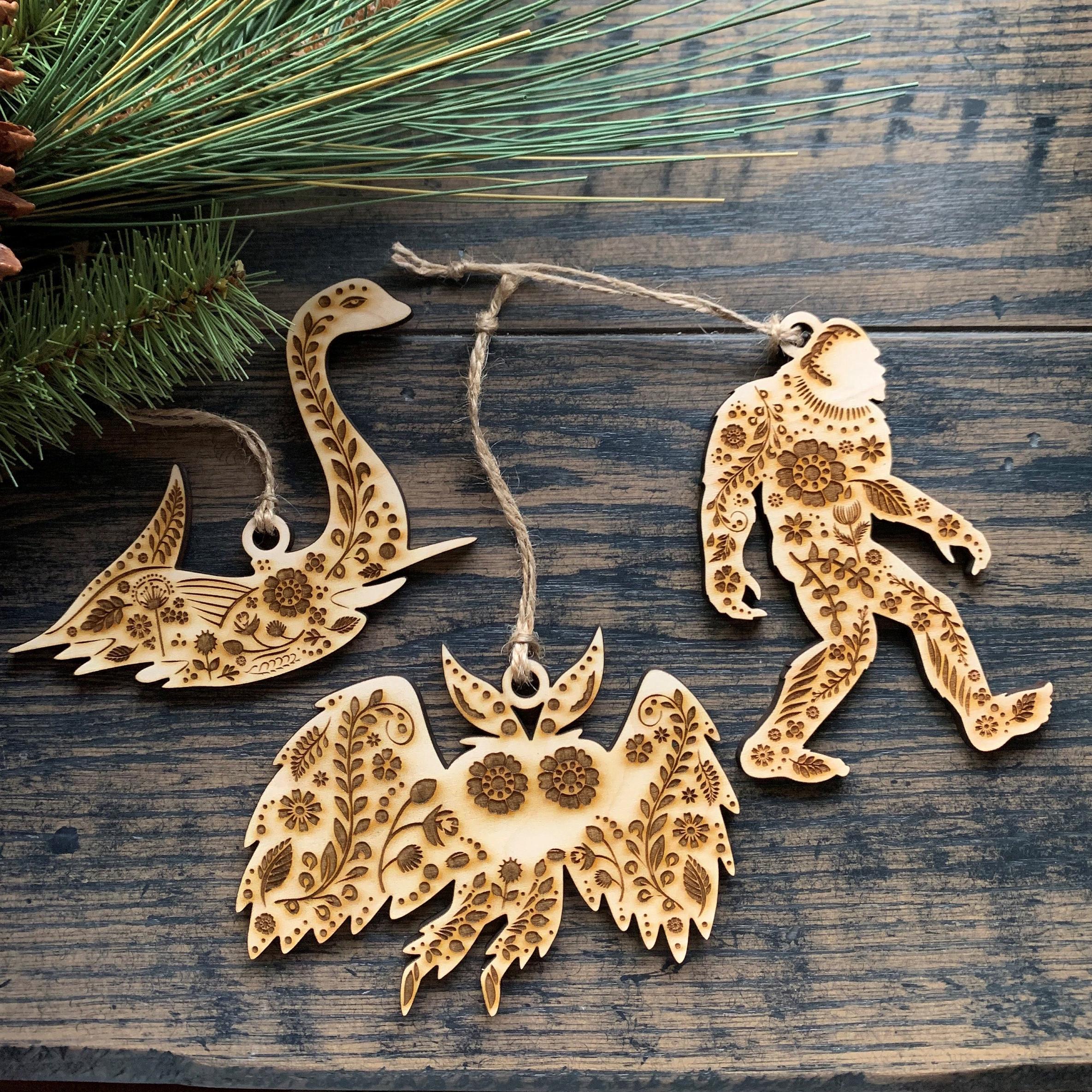 Scandinavian Folk Art Cryptid Ornament Set- Mothman- Bigfoot