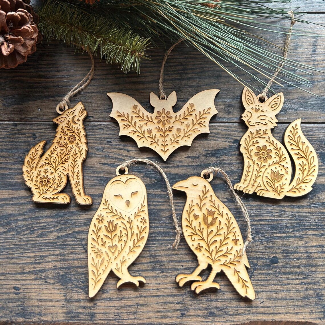 Image showcasing Scandinavian Folk Art Wood Ornaments- Nocturnal Animals- Fennec Fox ...