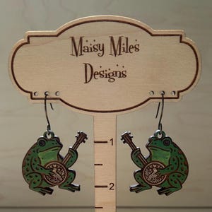 Whimsical Handcrafted Wooden Frog Earrings – Folk Art Banjo Player Jewelry – Music Lover Gift