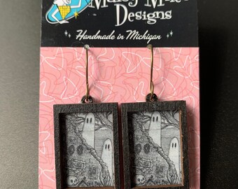 Spooky Fantasy Earrings- Black Framed Ghosts Handmade Earrings Featuring Art by Jon Turner- Stainless Steel Hypoallergenic Antique Finish