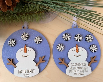 Personalized Snowman & Snowflake 2024 Christmas Tree Ornament for Family Grandkids or Friends- Big Family Up to 9 Names- Grandparent Gift!