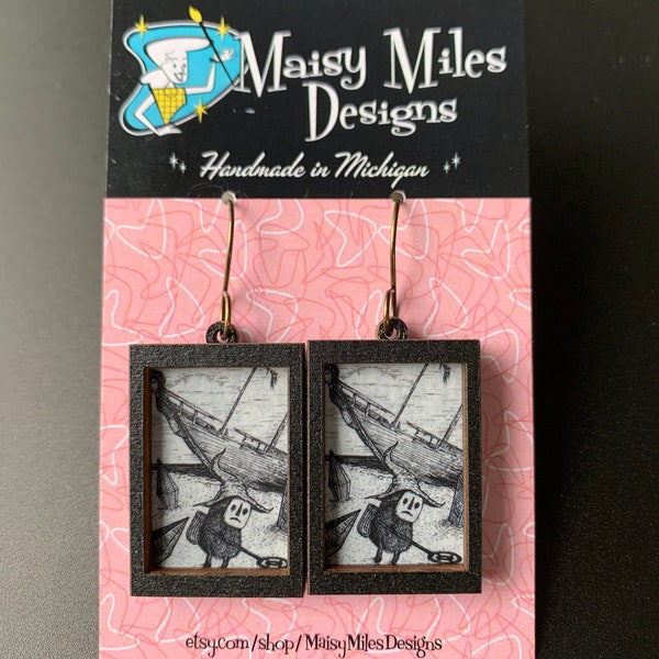 Spooky Fantasy Earrings- Black Framed Shipwreck Handmade Earrings Featuring Art by Jon Turner- Stainless Steel Hypoallergenic Findings