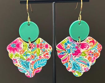 Vibrant Floral Lilly P inspired Acrylic Earrings- Hypoallergenic Stainless Hooks in Gold Silver or Bronze Finish- Gorgeous Summer Jewelry!