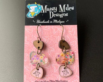 Cottage Core Mushrooms & Snails Pink and Brown Wood Earrings- Stainless Steel Hypoallergenic Antiqued Bronze Finish- Handmade Dangles