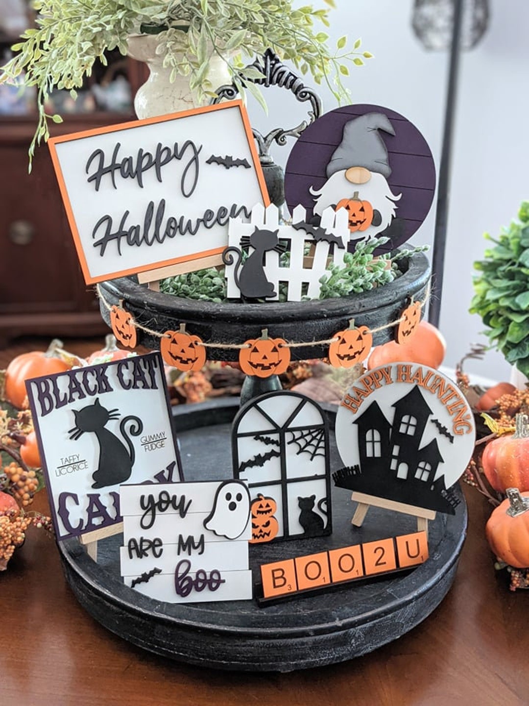 Halloween Tiered Tray Decor- 3D Mini Wood Signs- Featuring Black Cats ...