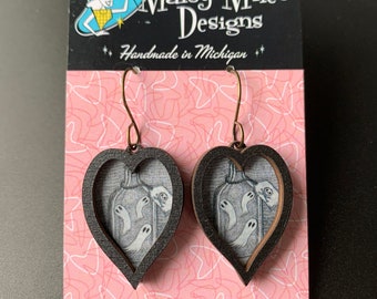 Spooky Fantasy Earrings- Heart Framed Ghosts in a Jar Handmade Earrings Featuring Art by Jon Turner- Stainless Steel Hypoallergenic Findings