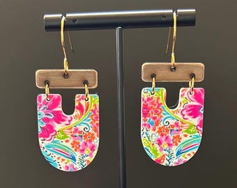 Vibrant Floral Lilly P inspired Acrylic Earrings- Hypoallergenic Stainless Hooks in Gold Silver or Bronze Finish- Gorgeous Summer Jewelry!