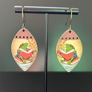 Hand-Painted Wooden Frog Reading a Book Earrings – Cottagecore Bookish Jewelry - Stainless Steel Hypoallergenic- Choice of Finish