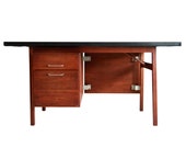 Connecticut Pickup - Mid Century Modern Jens Risom Executive Desk in Walnut With Recycled Black Leather Top