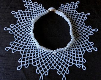 Vintage Hand Beaded Collar Necklace – RBG Style, 1970s White Glass Beads