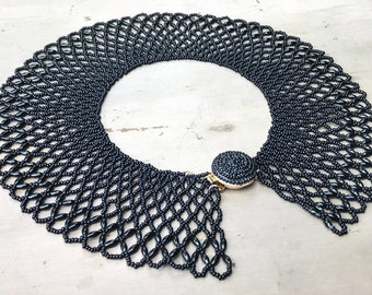 Vintage Black Glass Beaded Flapper Collar Necklace - 1970s RBG (Ruth Bader Ginsburg) Style