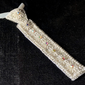 Vintage 1970&#39;s White Hand Beaded Rhinestone Ladies Clip On Neck Tie / Necklace - Faux Gentlemans Necktie - Awesome Holiday Gift