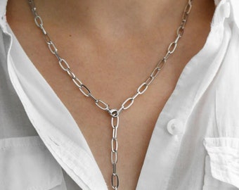 Silberne Gliederkette, Edelstahl Halskette, Längenverstellbare Kette, Silberne Gliederkette, Y-Kette - FÉLINA by Fabienne