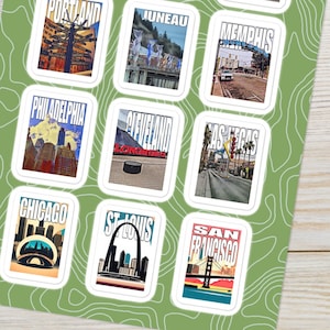 Feuille d'autocollants villes américaines | 12 autocollants | Art du voyage | Voyage aux États-Unis | Illustration de carte postale | Album | Carnet de voyage | Cadeau