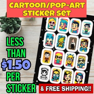 Cartoon/Pop-Art Sticker Set | Funny Cartoon Drawings | Cute Pop-Art Faces | Sticker Collection | Colorful Stickers | Laptop Stickers Gift
