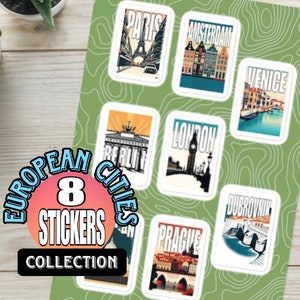 Stickers villes européennes | 8 stickers Voyage en Europe | Mini art carte postale | Lot d'autocollants de voyage | Illustration de la ville | Album | Revue