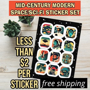 Stickers rétro ESPACE/SCI-FI | Pack d'autocollants Mid-Century Modern Space | autocollants vintage astronautes et extraterrestres | Planètes | Sciences | Cadeau geek