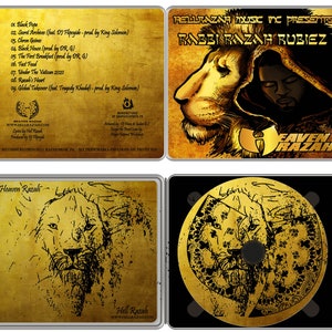 Puede incluir: Una caja de CD dorada con un gráfico de león y el texto "Heaven Razah" y "Hell Razah" en las portadas delantera y trasera. El CD es visible dentro de la caja y presenta un gráfico de león.