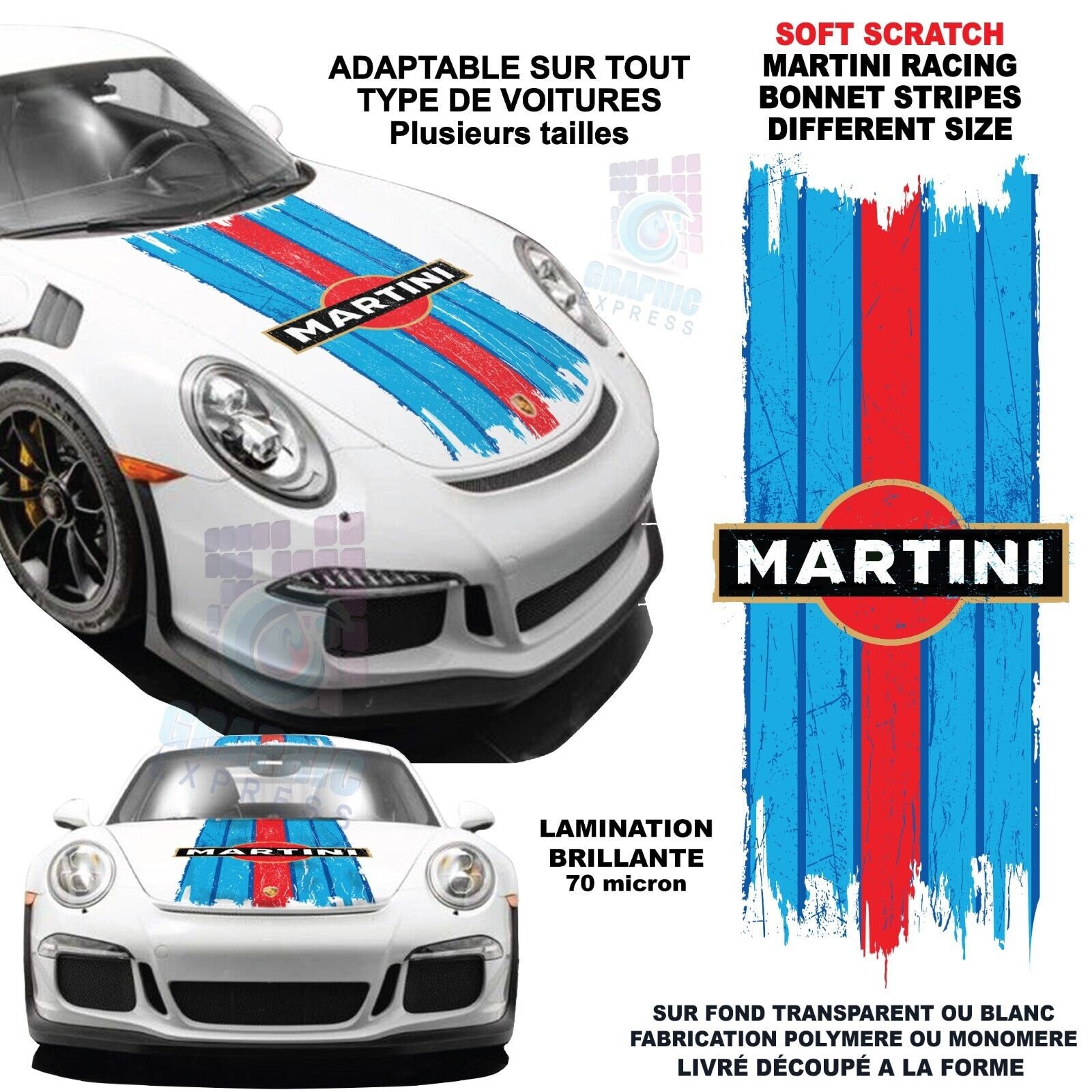 Motorhaube Soft Scratch Martini Racing Stripes kompatible Porsche