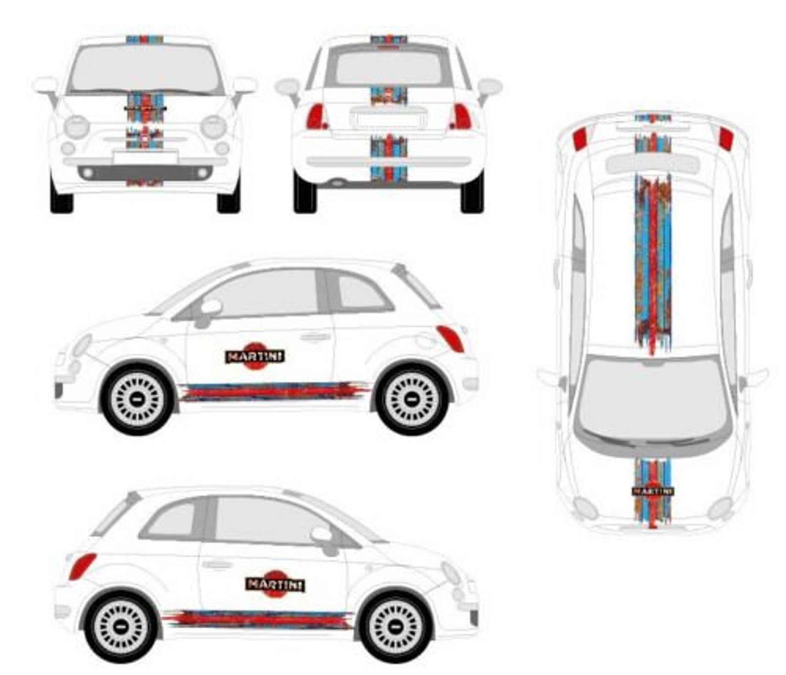 Kit Déco MARTINI Pour Fiat 500 Abarth - Stickers Racing Noir Et Blanc, NEUF