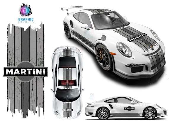 Scratched Martini Racing Stripes Black & White Compatible Porsche Carrera Cayman Boxster Stickers Set Mustang Le Mans Racing Effects Ripped Off