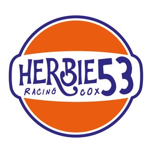 Puede incluir: Un logotipo circular azul y naranja con el texto "HERBIE 53 RACING COX" en una fuente estilizada.