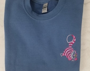 Disappearing Cat Sweatshirt, Embroidered Sweatshirt, Pink Cat Sweatshirt, Cartoon Cat Sweatshirt