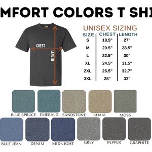 May include: A chart showing unisex sizing for a t-shirt with chest and length measurements in inches. The chart shows sizes from S to 3XL. Below the chart are 10 color swatches for the t-shirt: Blue Spruce, Emerald, Sandstone, Khaki, Moss, Blue Jean, Denim, Midnight, Grey, Pepper, and Graphite.