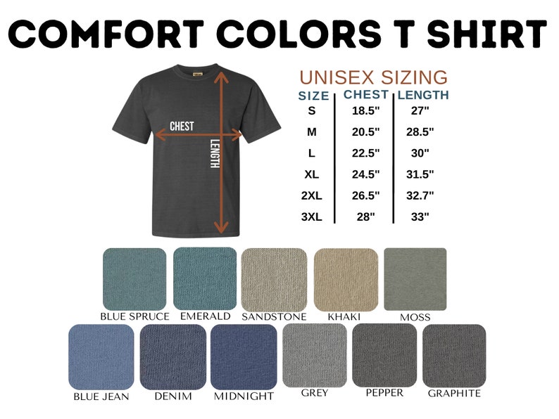May include: A chart showing unisex sizing for a t-shirt with chest and length measurements in inches. The chart shows sizes from S to 3XL. Below the chart are 10 color swatches for the t-shirt: Blue Spruce, Emerald, Sandstone, Khaki, Moss, Blue Jean, Denim, Midnight, Grey, Pepper, and Graphite.