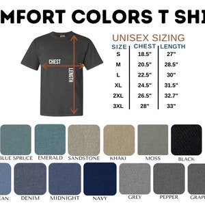 May include: A chart showing unisex sizing for a t-shirt with chest and length measurements in inches. The chart shows sizes from S to 3XL. Below the chart are swatches of different colours for the t-shirt, including blue spruce, emerald, sandstone, khaki, moss, black, blue jean, denim, midnight, navy, grey, pepper, and graphite.