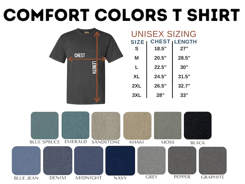 May include: A chart showing unisex sizing for a t-shirt with chest and length measurements in inches. The chart shows sizes from S to 3XL. Below the chart are swatches of different colours for the t-shirt, including blue spruce, emerald, sandstone, khaki, moss, black, blue jean, denim, midnight, navy, grey, pepper, and graphite.