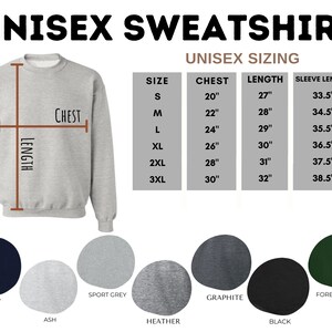 May include: Unisex sweatshirt sizing chart with measurements in inches for chest, length, and sleeve length. The chart shows sizes S through 3XL. The image also shows a grey sweatshirt with the words "Chest" and "Length" labelled on the garment. Below the chart are colour swatches for navy, ash, sport grey, heather, graphite, black, and forest green.
