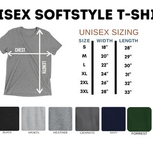 May include: Unisex softstyle t-shirt available in a range of colours, including black, sports grey, heather grey, graphite, navy, and forrest green. The t-shirt is shown with measurements for chest and length. The size chart shows the width and length in inches for sizes S, M, L, XL, 2XL, and 3XL.