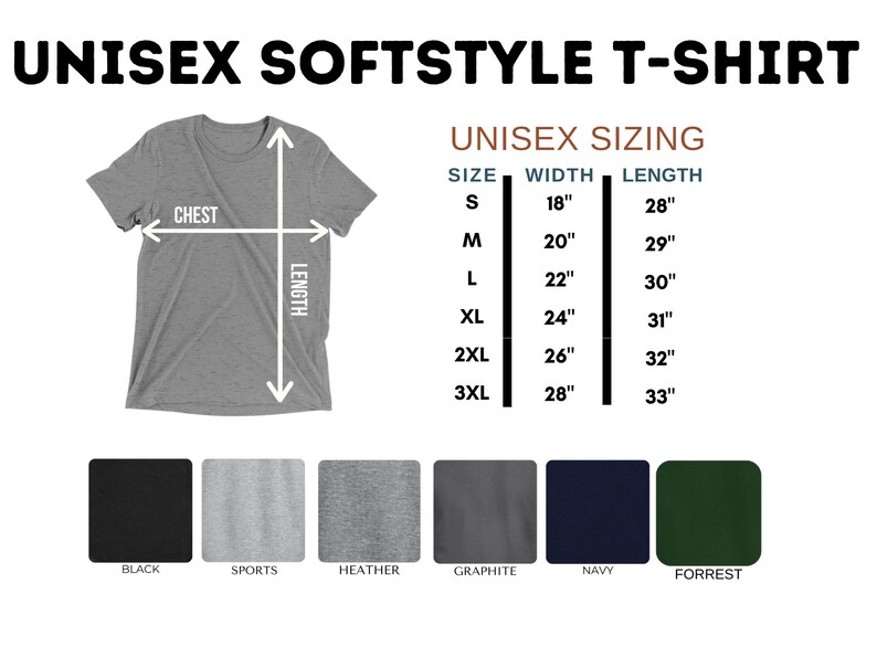 May include: Unisex softstyle t-shirt available in a range of colours, including black, sports grey, heather grey, graphite, navy, and forrest green. The t-shirt is shown with measurements for chest and length. The size chart shows the width and length in inches for sizes S, M, L, XL, 2XL, and 3XL.