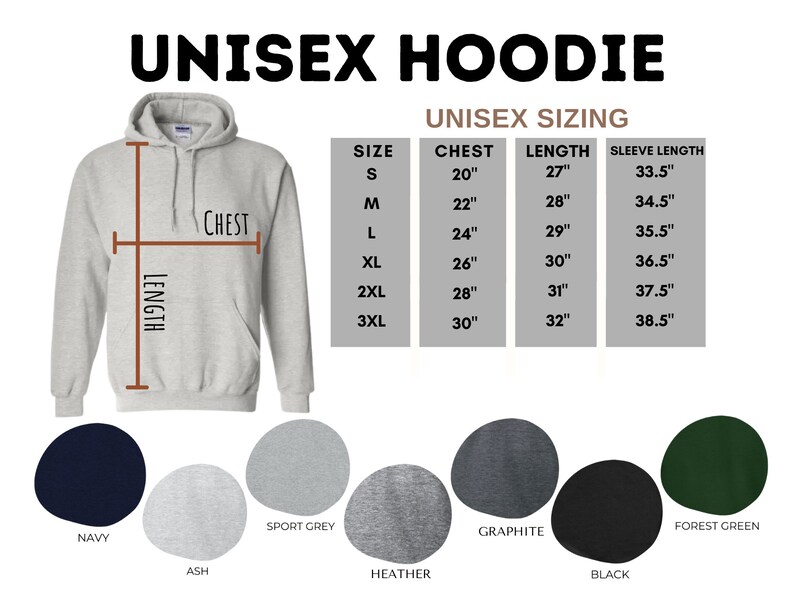 May include: Unisex hoodie sizing chart with measurements in inches for chest, length, and sleeve length.  The chart shows sizes S through 3XL.  The hoodie is available in 10 colours: navy, ash, sport grey, heather, graphite, black, forest green.
