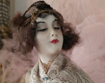 Adorable XL Tea Doll Half Doll Antique France Boudoir Wax Wax Lace Mohair Hair