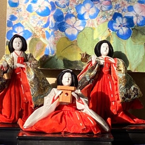 RARE 3 vecchie bambole giapponesi Vintage Hina Matsuri Sannin Kanjo Court Ladies of the Empress Tea Ritual Kimonos Porcellana Tradizionale Bambole Ragazze Festival