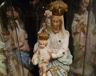 Antique Large French Plaster Figure Maria Madonna Notre Dame des Victoires Mother of God Virgin Mary Catholic Statue White Green Gold