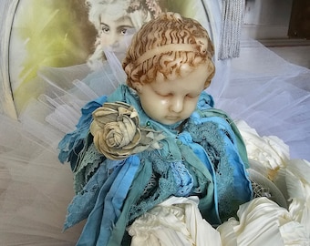 Antique Small Lace Cotton Linen Boudoir Dolls Bears Frill Vintage Turquoise Blue Green French Brocante Victorian Collar Ruff