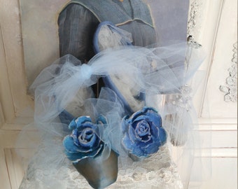 Atelier Satin Seide Ballettschuhe Spitzenschuhe Pointe zertanzt Shabby Chic faded Rose Blau Ballett Boudoir Authentic Shoes Bänder Gr.37 / 3