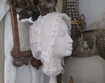 So Brocante shabby chic vintage lace hat bonnet hood linen cotton lace France white