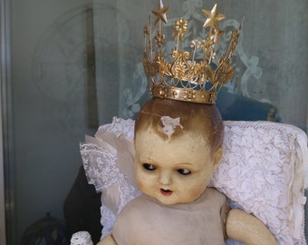 Beautiful Large Stars Vintage Madonna Crown Brocante Tiara France Madonna Statue Metal / Brass Gold Handwork