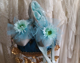 Fairy Satin Ballet Shoes Pointe Shoes Pointe Dancing Shabby Chic Vintage Tulle Bows Ballet Boudoir Faded Turquoise Blossoms Gerbera
