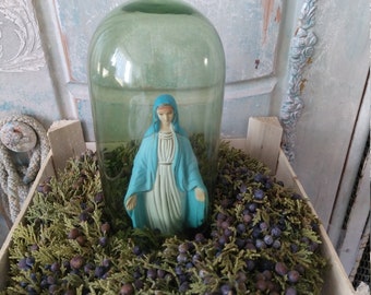 Shabby chic SET : Blue vintage Madonna Virgin Mary Mother of God under a French green glass dome around 1970