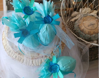 Shabby chic vintage easter decoration easter egg french style egg brocante with monogram wax bow turquoise blue tissue paper France French