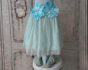 French Shabby: girls dolls tulle skirt summer faded turquoise petticoat dance dress flowers blue tutu ballet skirt vintage elf boudoir jdl