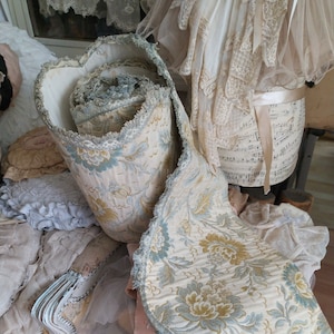 Antique French Gorgeous Floral Border Curtain Woven Tapestry Faded Blue Turquoise Beige Roses Toile Formal Panel with Fringes