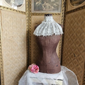Antique French Brocante wasp waist pigeon breast tailor&#39;s dummy mannequin from France silk fabric brown around 1830